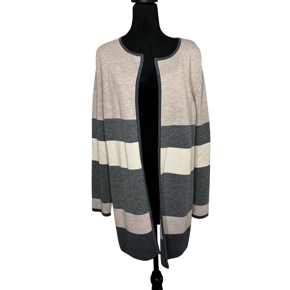 Talbots Merino Wool Open Front Wide Striped Long Cardigan Lagenlook Medium